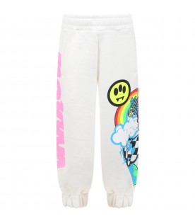 Ivory sweatpants for girl with smiley and fuchsia logo