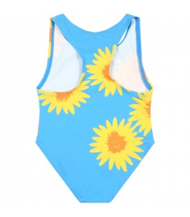 Azure swimsuit for baby girl with sunflowers