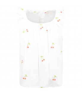 White blouse for girl with colorful cherries