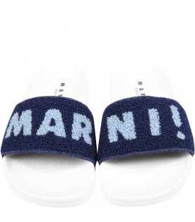 White sandals for kids with light blue logo