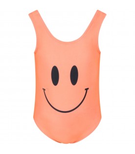 Orange swimsuit for girl with balck smiley