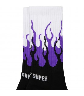 Multicolor socks for kids with purple flames