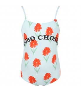 Light-blue swimsuit for girl with flowers