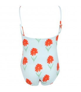 Light-blue swimsuit for girl with flowers