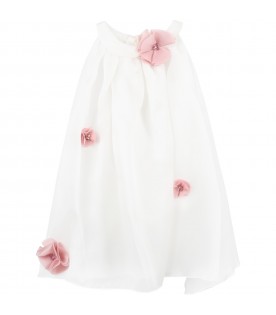 White dress in silk for baby girl with pink flowers