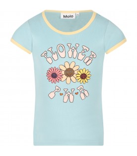 Light-blue T-shirt for girl with pink writing and flowers
