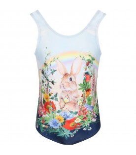 Multicolor swimsuit for girl with rabbit and flowers