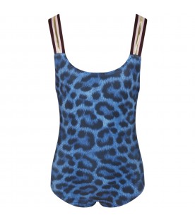 Blue swimsuit for girl with animal print