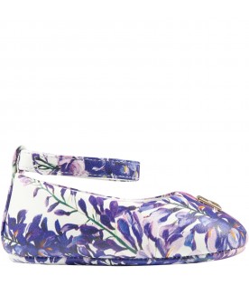 Multicolor ballet flats for baby girl with flowers and golden logo