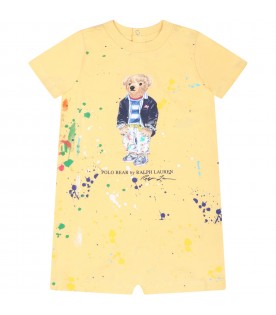 Yellow romper for baby boy with iconic bear and logo