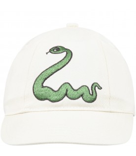 Cappello avorio per bambini con serpente verde