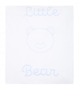 White blanket for baby boy with light blue bear and logo