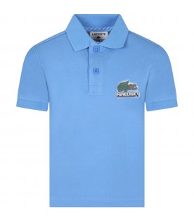 Light-blue polo shirt for boy with pixelated crocodile