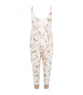 Pink dungarees for girl with colorful flowers