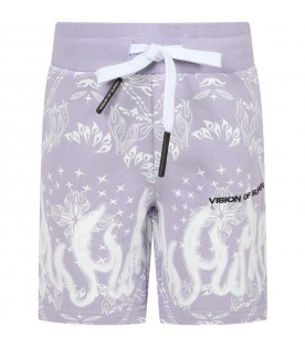 Shorts lilla per bambino con logo bianco e fiamme bianche