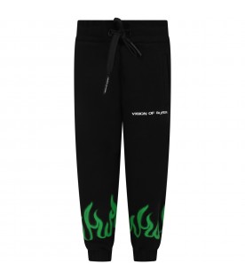 Black sweatpants for boy with white logo and flames