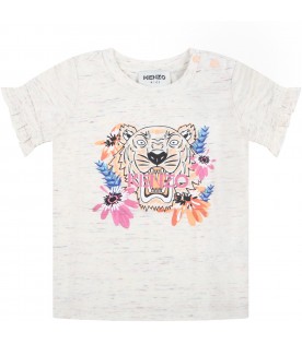 Ivory T-shirt for baby girl with black tiger and fuchsia logo