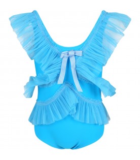 Light-blue swimsuit for girl with ruffles