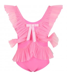 Pink swimsuit for girl with ruffles