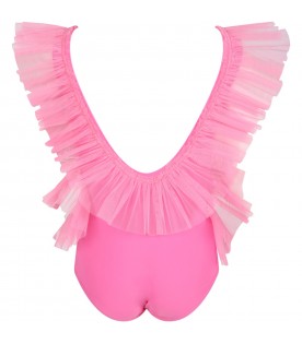 Pink swimsuit for girl with ruffles