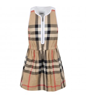 Beige dress for girl with iconic check