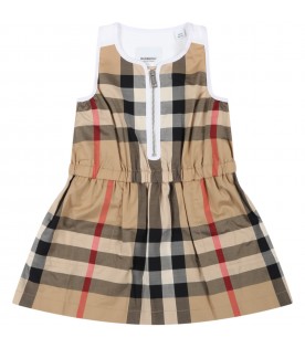 Beige dress for baby girl with iconic check