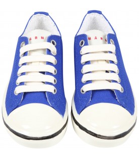 Blue sneakers for kids with red logo