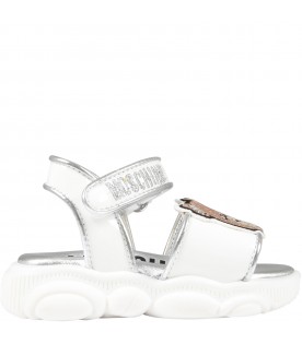 White sandals for girl with Teddy Bear and silver logo