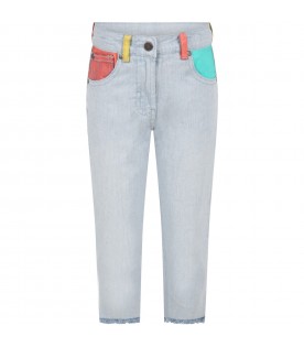 Light-blue jeans for kids with colorful ddetails and logo