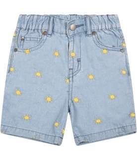 Light-blue shorts for baby girl with embroidered yellow sun