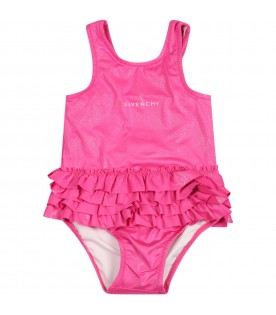 Fuchsia swimsuit for baby girl with pink logo