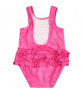 Fuchsia swimsuit for baby girl with pink logo