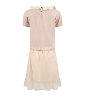 Beige dress for girl with embroidered flowers