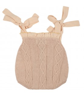 Beige romper for baby girl with embroidered flowers