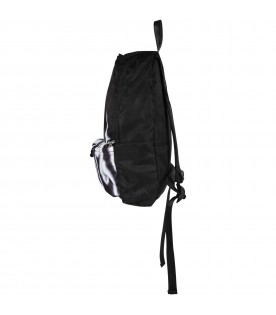 Black backpack for boy with white flames and logo