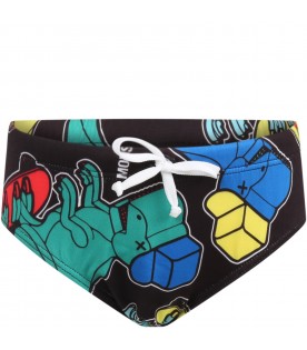 Black swim-briefs for boy with dinosaurs and logo