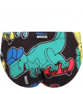 Black swim-briefs for boy with dinosaurs and logo