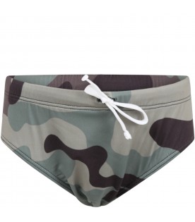 Multicolor swim-briefs for boy with camouflage print and logo