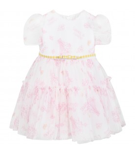 White dress for baby girl with flowers and logo