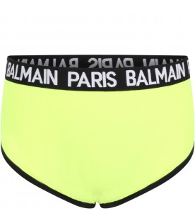 Neon yellow swimsuit for boy with logos