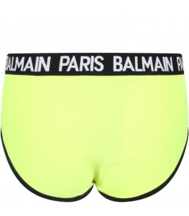 Neon yellow swimsuit for boy with logos