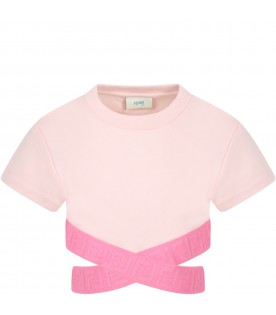 T-shirt rosa per bambina con banda fucsia