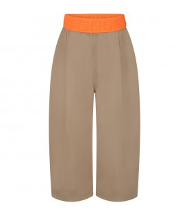 Beige culotte-trouser for girl with orange waistband