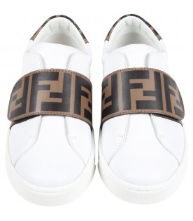 White sneakers for kids with iconic brown pattern
