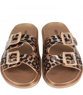 Gold sandals for girl with animalier print