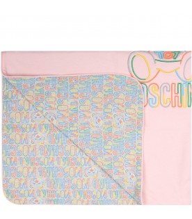 Pink blanket for baby girl with multicolor logo