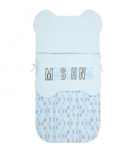 Light-blue sleeping bag for baby boy with logos