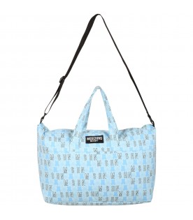 Light-blue changing bag for baby boy with logos