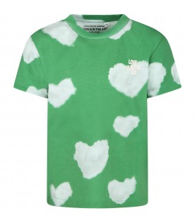 Green t-shirt for kids with iconic white clouds