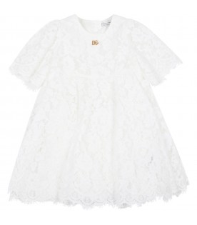 White dress for baby girl with metallic logo patch